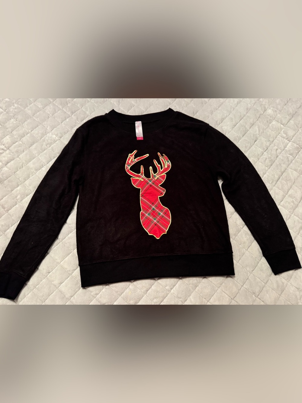 No Boundaries Black Sweatshirt with Red Plaid Deer Applique